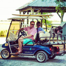 Golf Cart with Surfboard & Dog