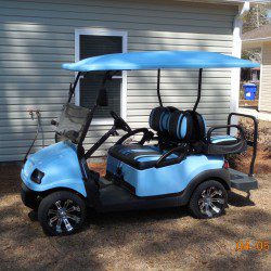 carolina blue street legal golf cart with blue and black seats