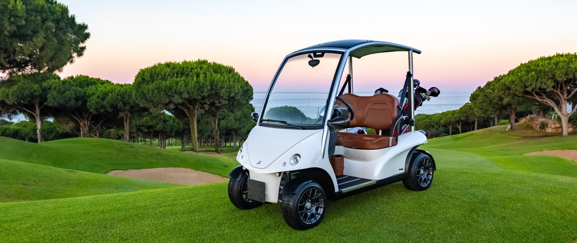 golf cart on a golf course with trees and water in the background